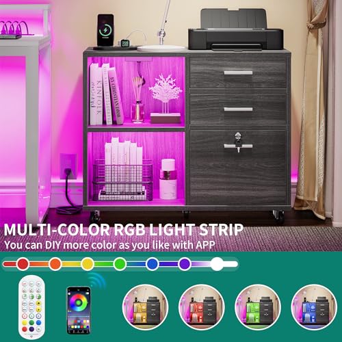 YITAHOME Wood File Cabinet, 3 Drawer Mobile Lateral Filing Cabinet, Storage Cabinet Printer Stand with Charging Station and Led Light for Home Office Organization, Black