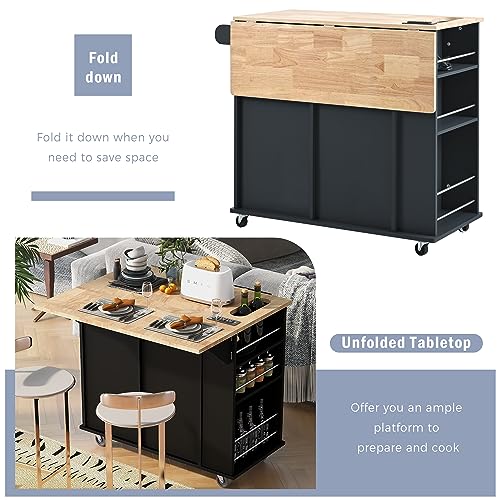 Kitchen Island with Storage, Island Table on Wheels with Drop Leaf, Power Outlet, Large Storage Cabinet, 2 Drawers, Wine Rack, Spice Rack, Portable Trolley Cart for Dining Room (White)