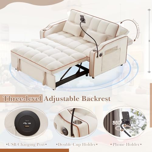Convertible Sleeper Sofa Bed, 3 in 1 Velvet Pull Out Loveseat Couch Modern Comfy Futon Sofa with Adjustable Backrest & Phone Holder & USB Charging Space Saving for Living Room, Small Apartment, Grey