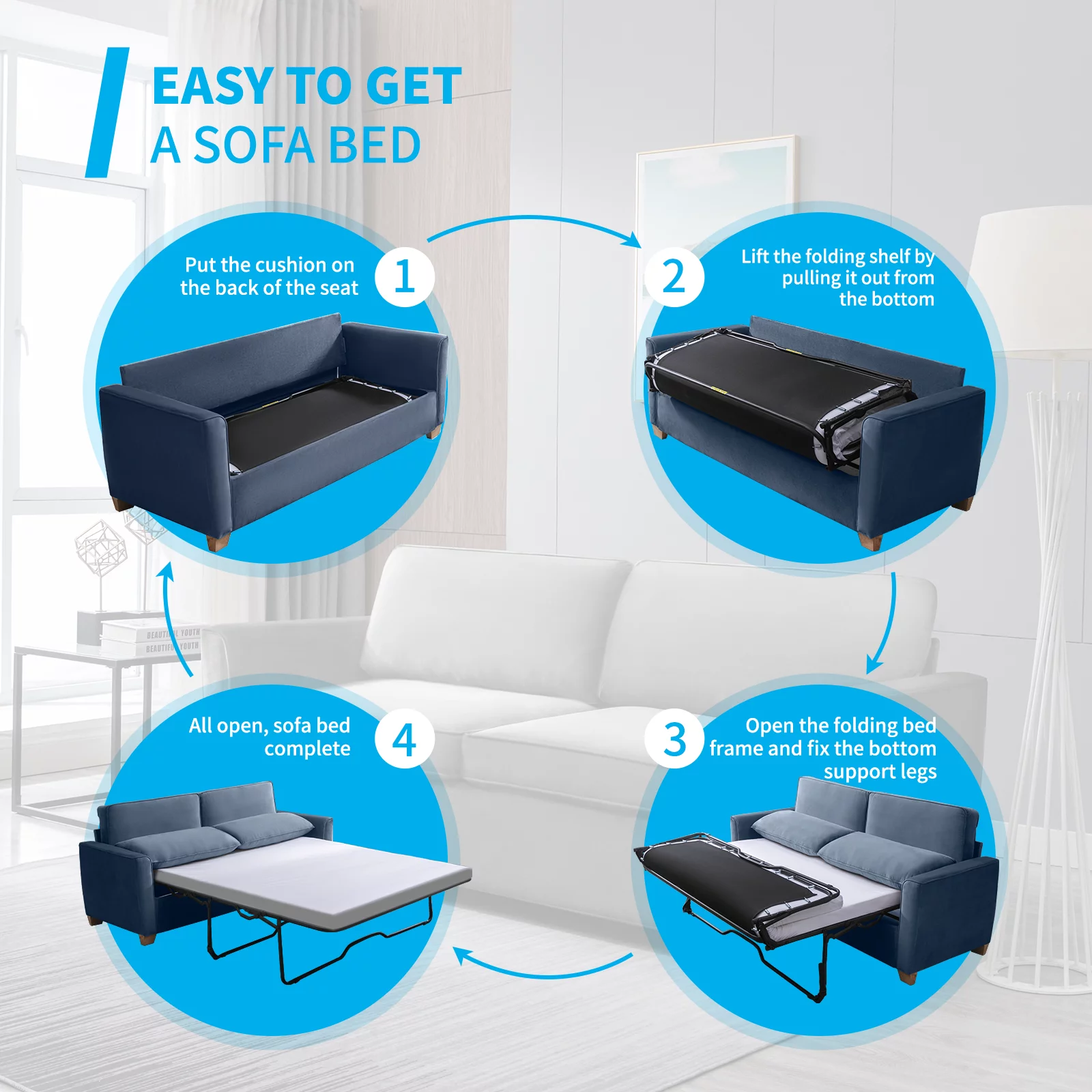Mjkone Pull Out Sofa Bed, Sleeper Sofa Bed with Memory Foam Mattress, 2-in-1 Pull Out Couch Bed Suitable for Friends to Stay Temporarily, Loveseat Sleeper for Apartment/Small Spaces (Full, Baby Blue)
