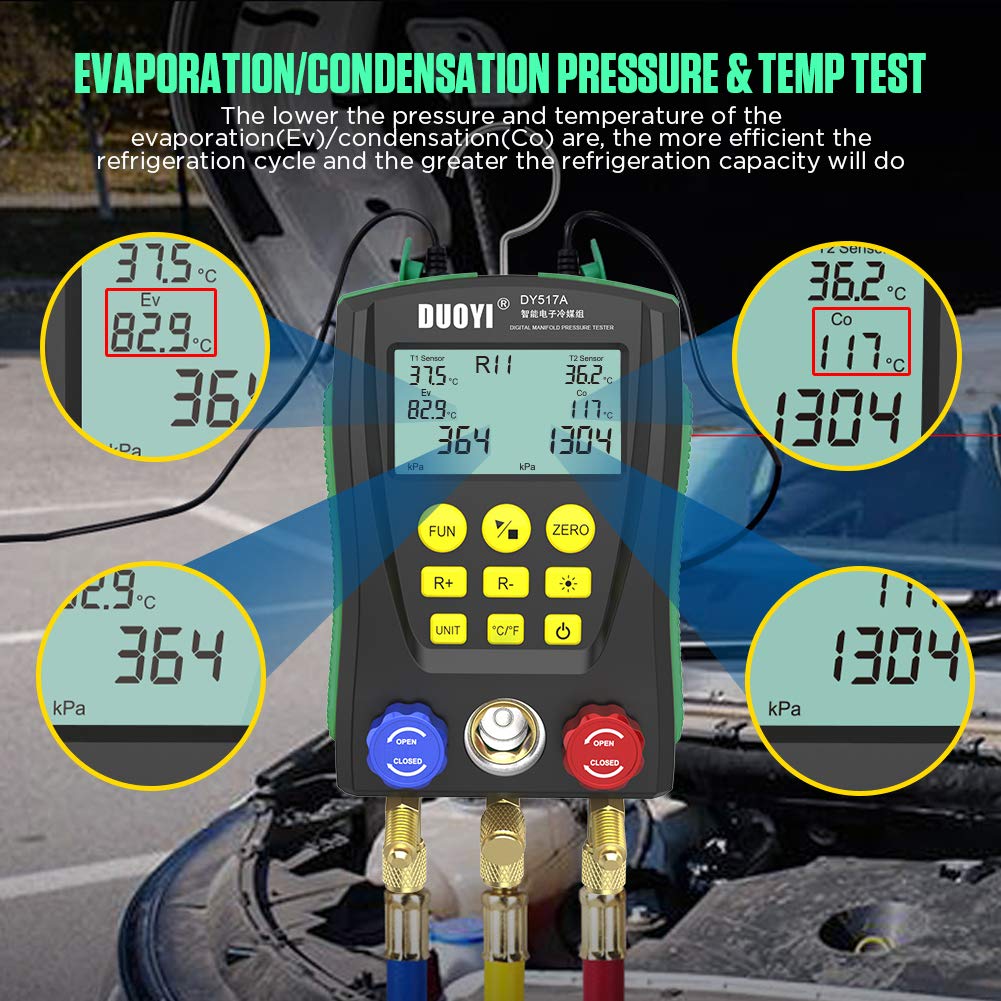 Digital Manifold Gauge Set Pressure&Temp Test HVAC Manifold Pressure Leak Test Digital Refrigerant Gauges Vacuum HVAC Gauges with Refrigerant Hoses&Temperature Clamps&LCD Display for Air Conditioning
