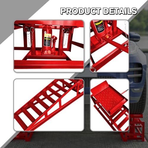 2PCS 5 Ton Hydraulic Car Ramps, Heavy Duty 3-Position Adjustable Vehicle Lift Ramps 9.3"-14" Height, Anti-Slip Steel Ramps for Oil Changes & Garage Repairs, Red