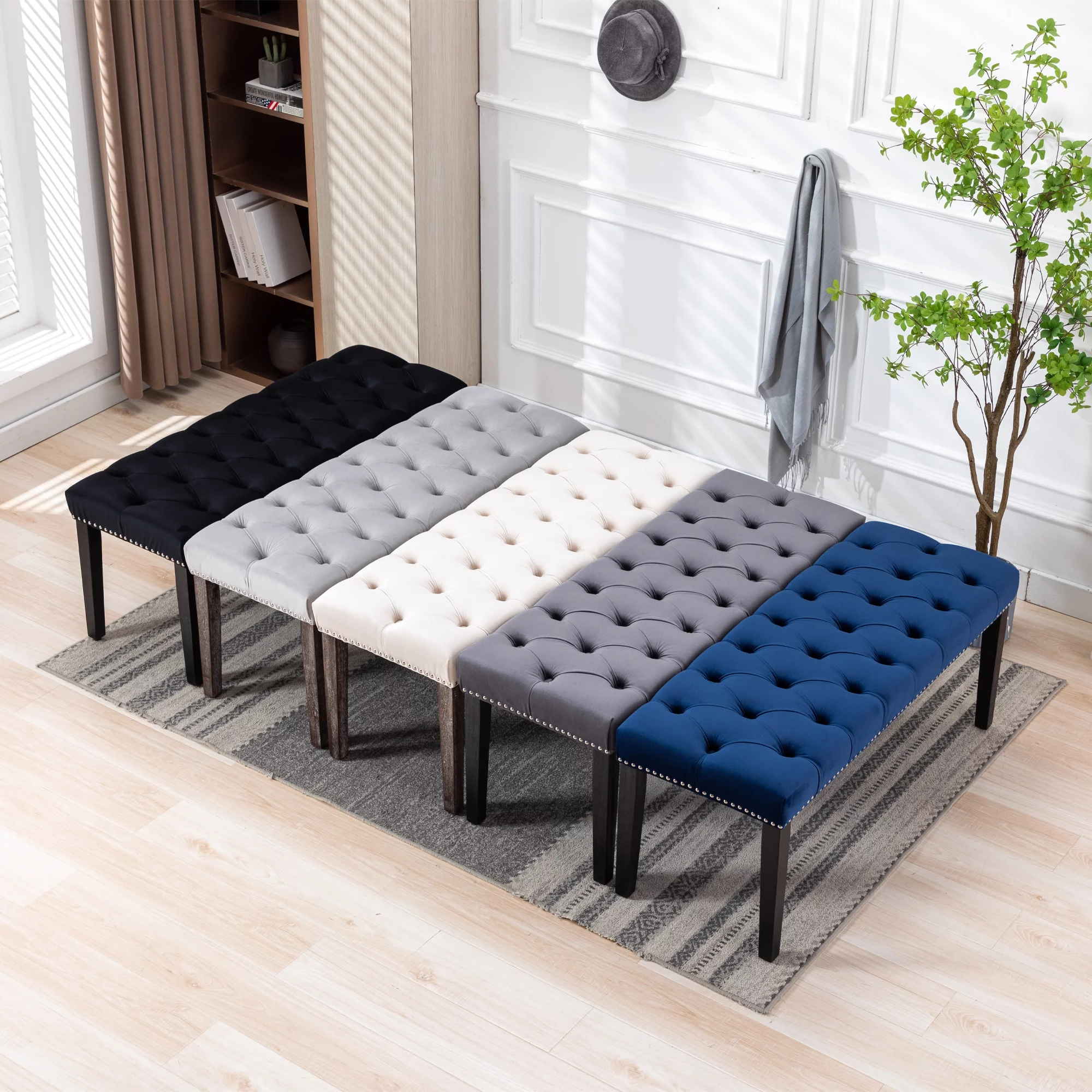 Upholstered Tufted Bench Ottoman, Modern Velvet Ottoman Bench, Button Dining Bench Window Seat for Living Room Bedroom, Fabric Entryway Bench with Wood Legs, Dark gray