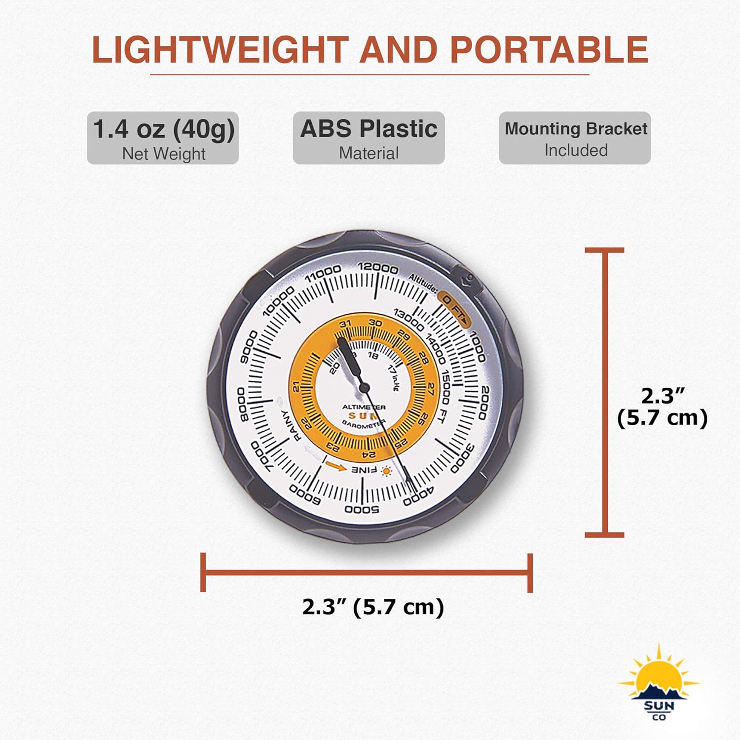 Sun Company AltiPort - Detachable Windshield and Dashboard Altimeter and Barometer | Altimeter for Cars and Trucks | Reads Altitude from 0 to 15,000 Feet