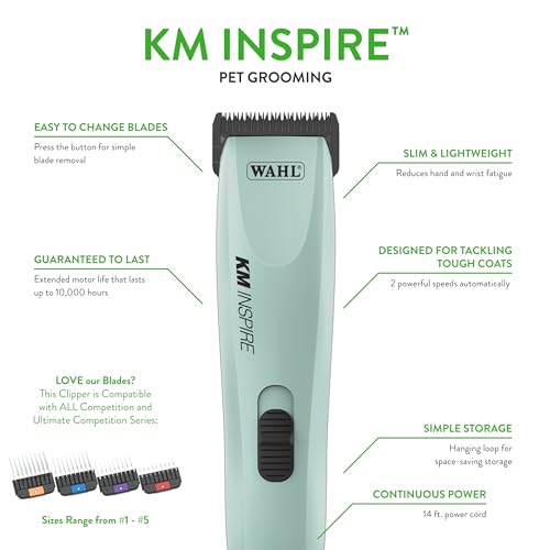 Wahl Pro Animal KM Inspire Grooming Clippers - Powerful Brushless Motor - Professional Grooming Kit - for Dog, Cat & Horse - Corded Dog Groomer - 4 Stainless Steel Guide Combs