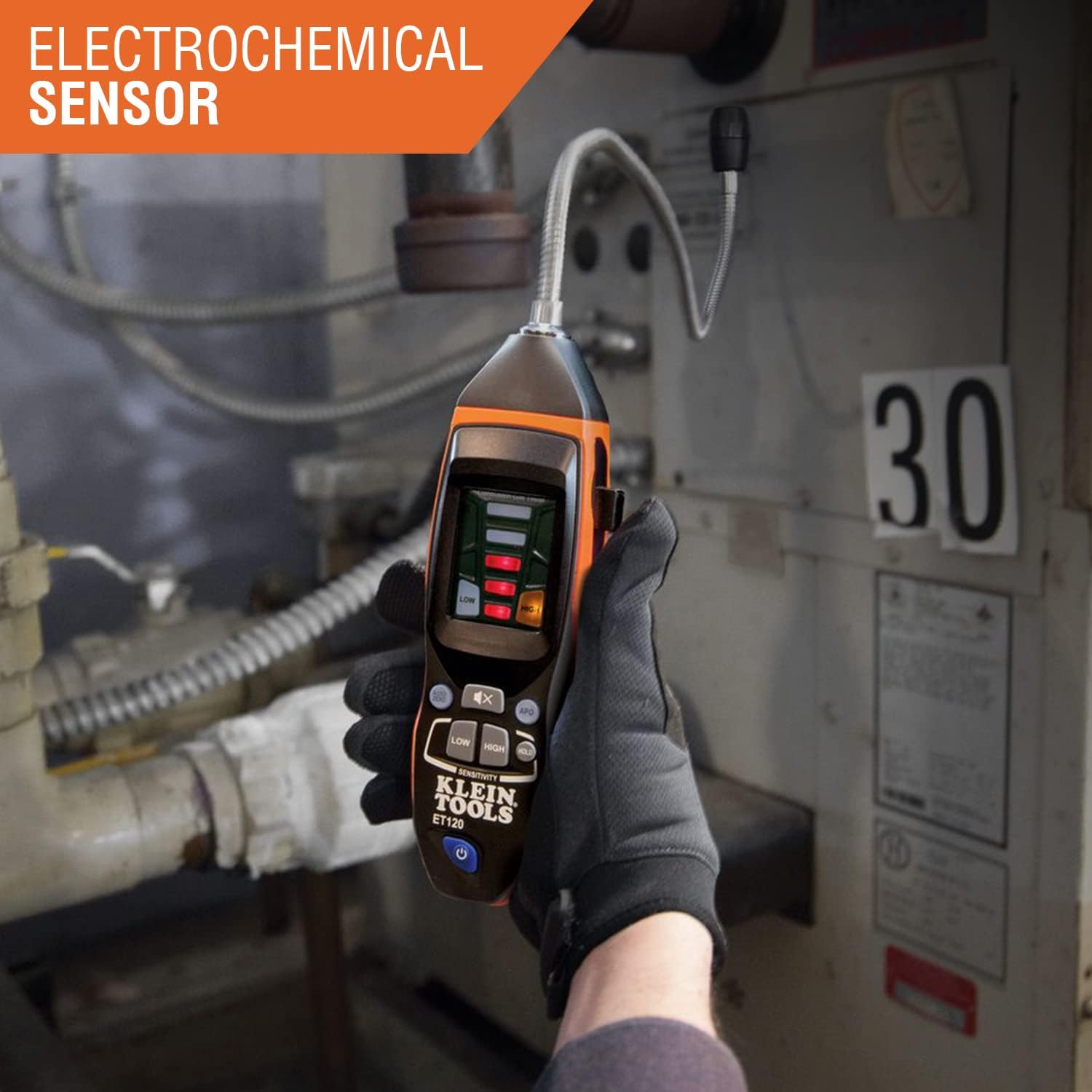 Klein Tools ET120 Gas Leak Detector, Combustible Gas Leak Tester with 18-Inch Gooseneck Has Range 50 - 10,000 ppm, Includes Pouch, Batteries