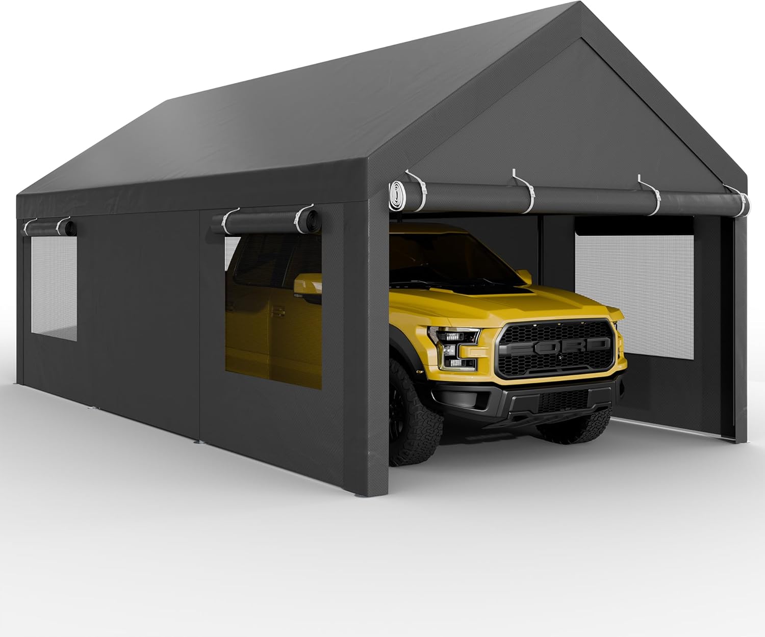 JAMFLY Carport, 10x18.5 ft Heavy Duty Car Canopy with Roll-up Windows, Portable Garage with Removable Sidewalls & Doors, Car Canopy with All-Season Tarp for Car, Truck, Boat