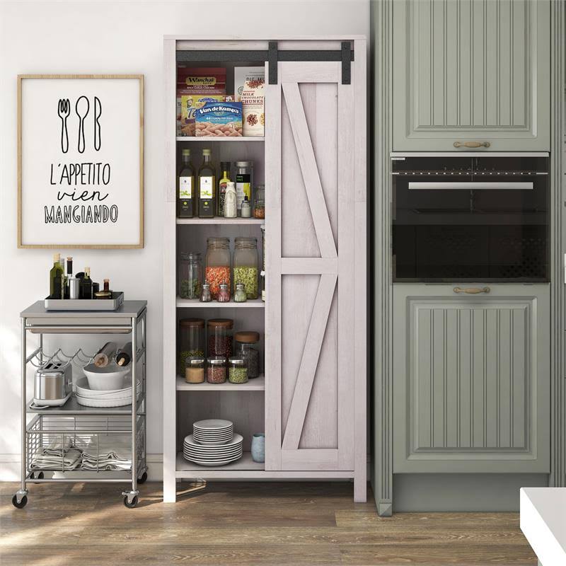 Furniture of America Kleva Transitional Wood Sliding Door Pantry in White Oak - IDI-202800
