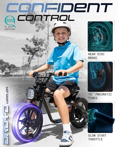 Droyd Weeler Electric Mini Bike for Kids, 200W Motor w 2 Speed Settings (10 Mph & 6 Mph), 24V 8Ah Battery for 8 Miles Range, Rear Disc Brake, and 15" Tires, Safe & Fun E Bike for Ages 6+