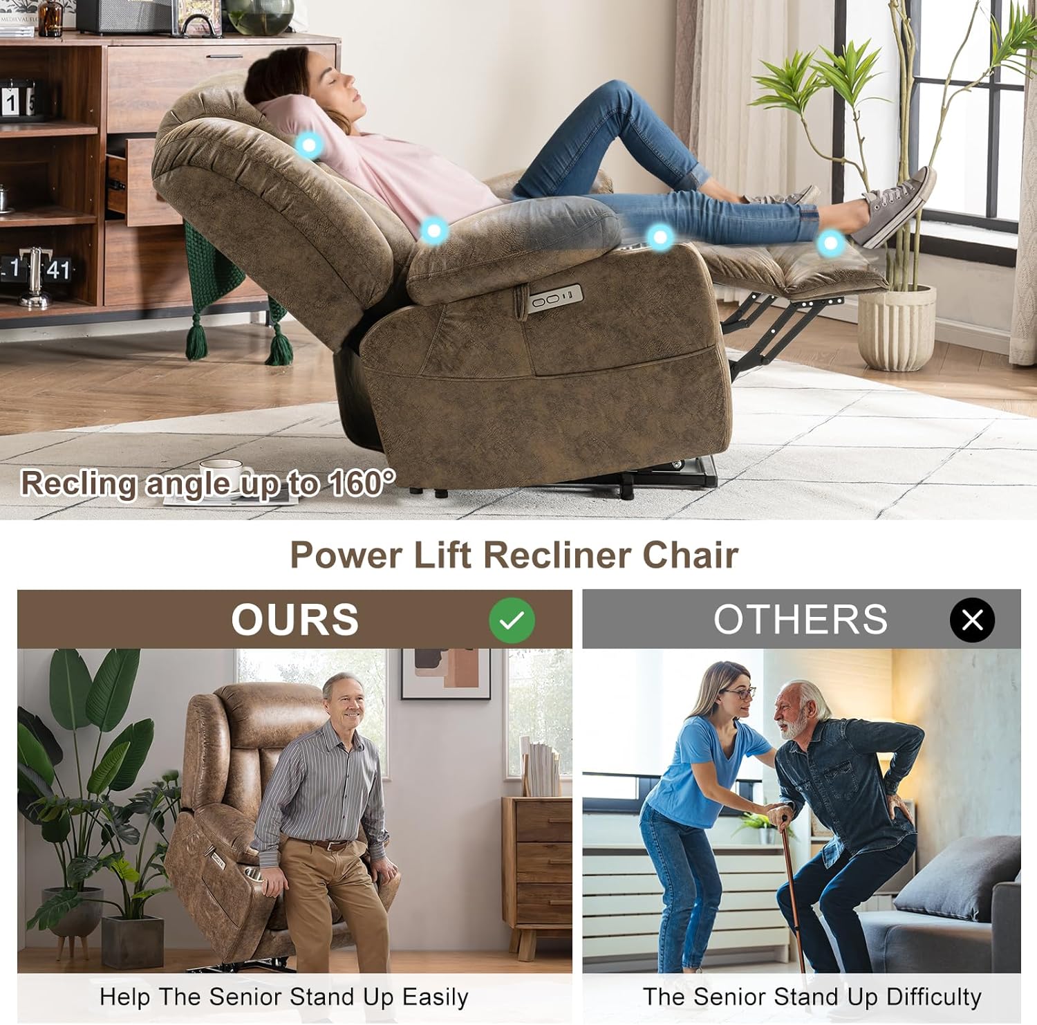 Extra Large Power Lift Chairs Recliners for Elderly with Heated and Massage, Overstuffed Lift Chairs, Breathable Leather, USB-A and USB-C, Cup Holder, Side Pocket, 1PC, Light Brown