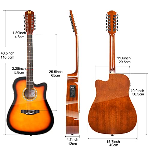 Vangoa 12 String Guitar, Twelve String Guitar Acoustic Electric Cutaway Guitarr Bundle for Beginner Adults, Teens, Spruce Top, Bone Nut, Upgraded Starter Kit, Black Matte
