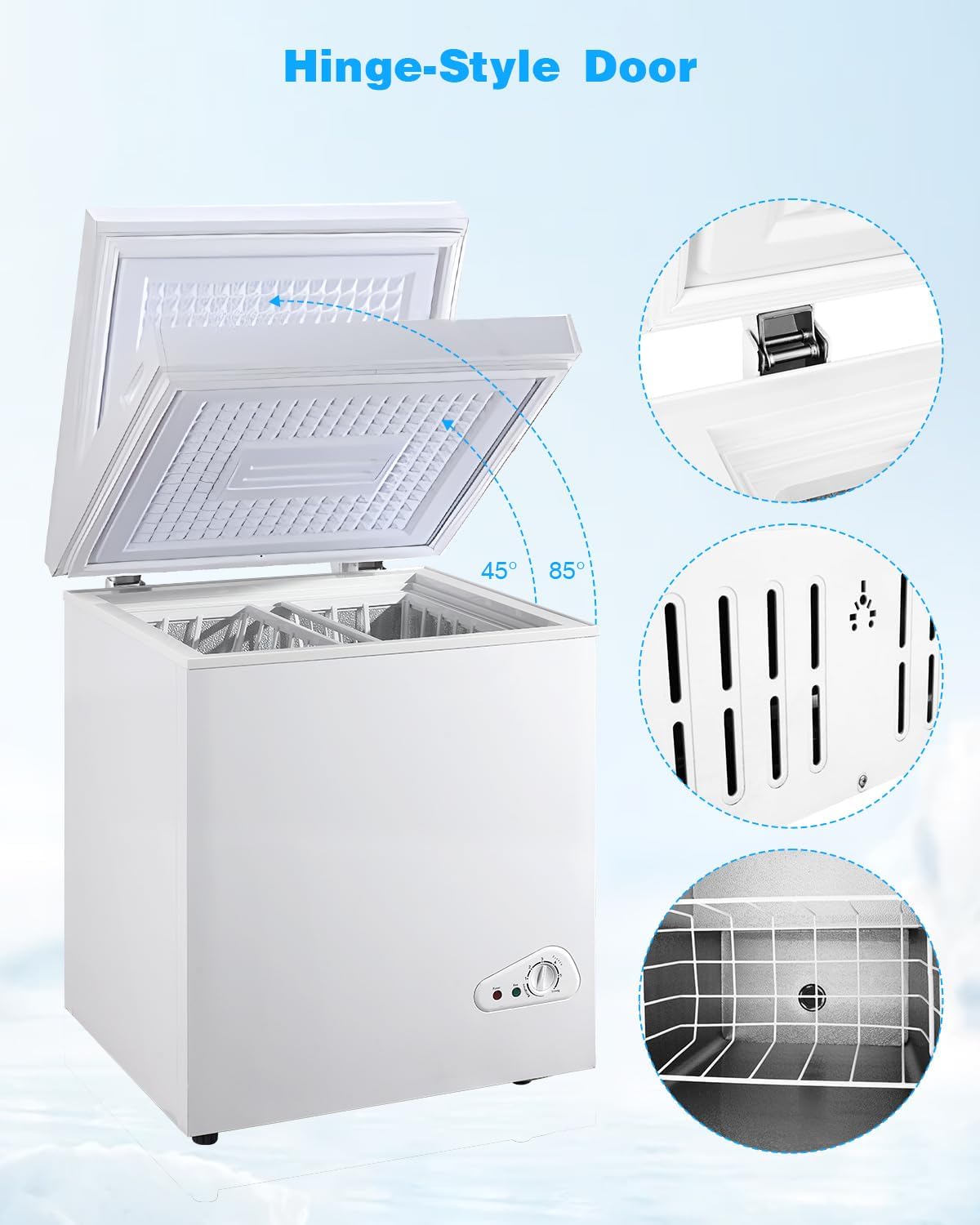 3.5 Cu.Ft Deep Compact Freezer, Chest Freezer with a Removable Basket 7 Gears Adjustable Temperature Control(-18°F to -46°F) for Garage, Office, Basement, House, Kitchen, Shop, RVs-White