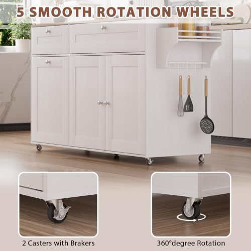 Kitchen Island on Wheels with Storage, Rolling Kitchen Islands with Drop Leaf&Power Outlet, Mobile Kitchen Island Cart with Trash Can Storage, Spice Rack, Towel Rack, Storages Cabinet ,Drawers
