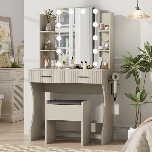 Vanity Desk with LED Lighted Mirror, Makeup Vanity with 3 Adjustable Lights, 2 Large Drawers and 4 Open Shelves, White Vanity with Storage Stool for Bedroom