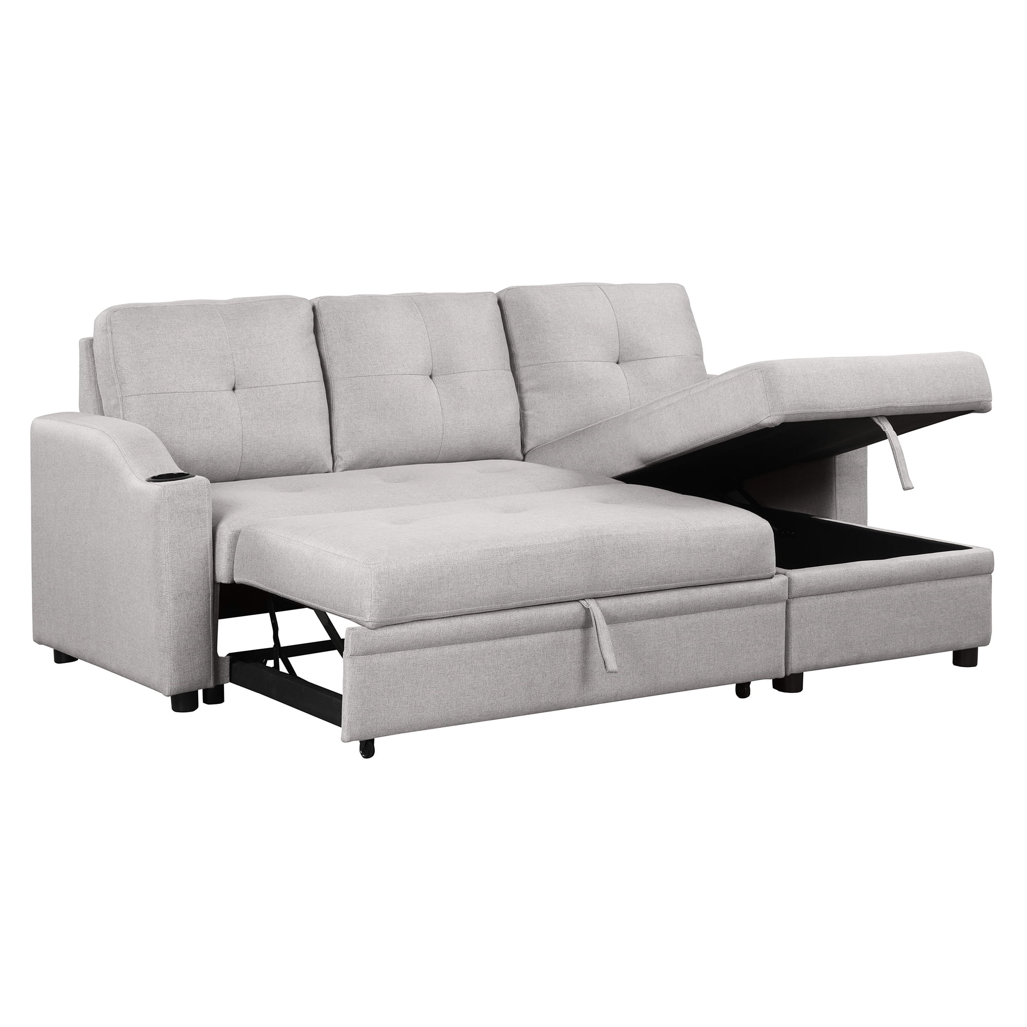 Euroco 80" Pull Out Sofa Bed L Shape Sofa with Storage Chaise and Cup Holder, Linen Fabric 3 Seater Couch, Gray