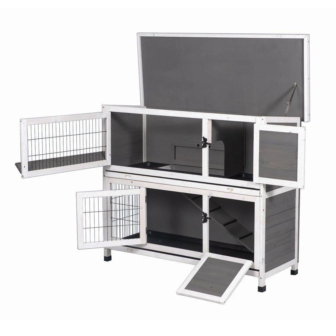 Good Life USA New Two Floors Wooden Outdoor Indoor Bunny Hutch Rabbit Cage with Feeding Trough