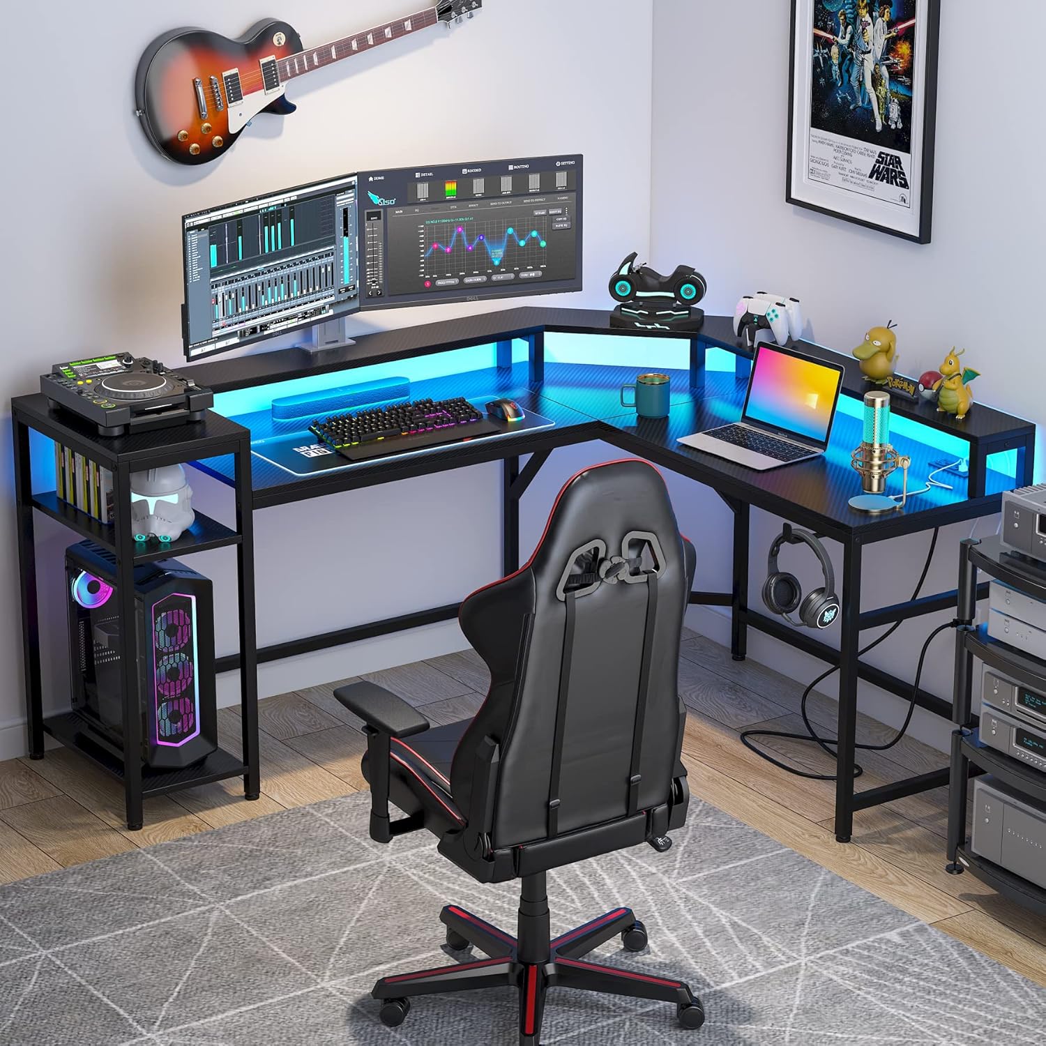 L Shaped Gaming Desk: Computer Desk with Power Outlet & LED Stripe, Modern Coner L Desk with Storage Shelves for Home Office - Black
