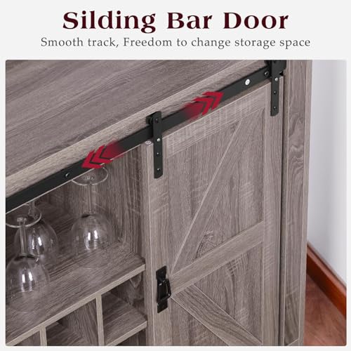 Coffee Bar Cabinet with Storage,47" Farmhouse Kitchen Buffet Sideboard with Sliding Barn Door and Adjustable Shelves,Liquor Cabinet Bar for Home,Dining Living Room(Grey)