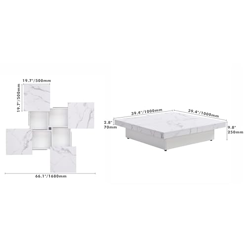 Square Coffee Table, 39.4" - 66.1" Marble Veneer Coffee Table Sliding Top with Storage, Modern Wood Center Table for Living Room, Apartment, White