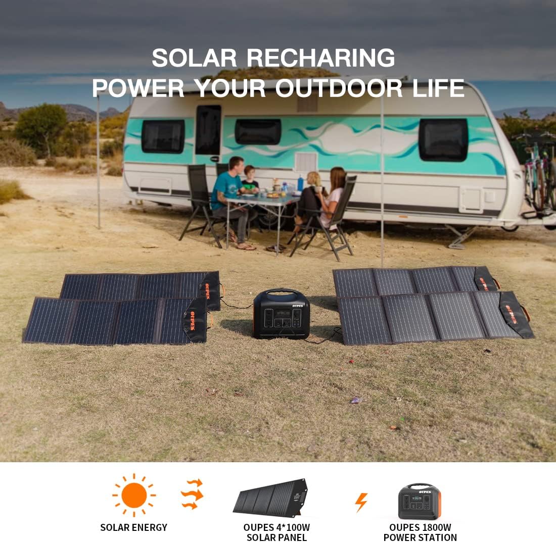 OUPES Solar Generator 1800W/1488Wh w/ 2 X 100W Foldable Solar Panel, Portable Power Station (Peak 4000W) 10 AC Outputs, LiFePO4 Battery w/ 3x 110V AC Outlets for Outdoors Adventure Travel Camping RV Emergency