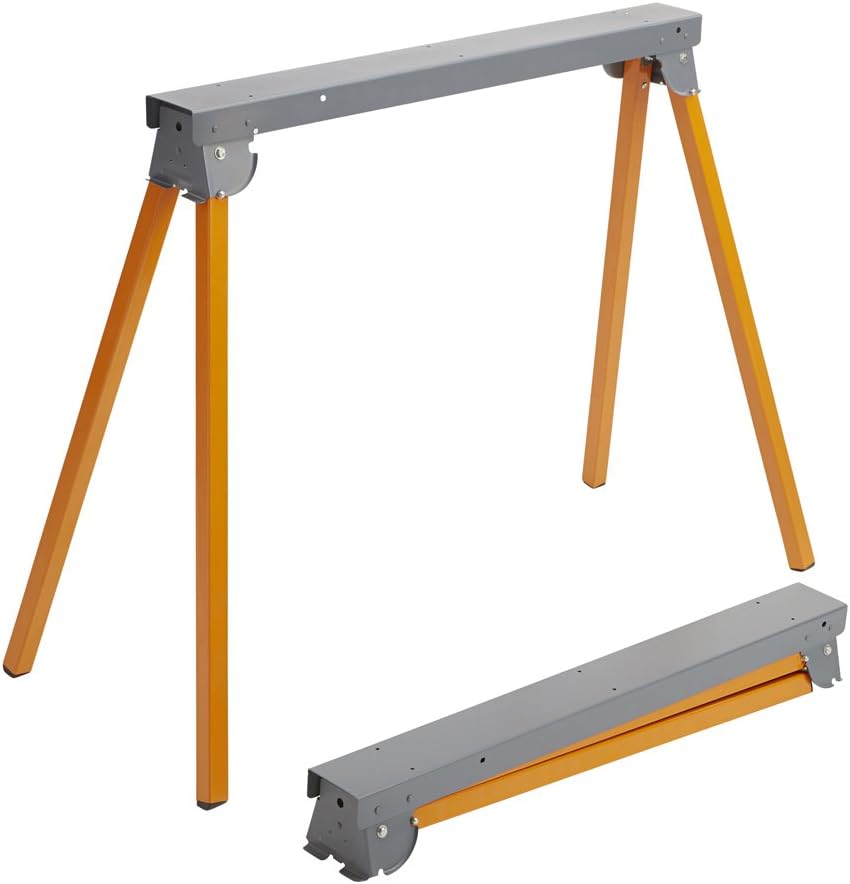 All Steel Folding Sawhorse - Pair Portamate PM-3300T. TWO 33-Inch Tall Fold-up Heavy Duty Saw Horses. Fully Assembled, 1,000lb. Capacity (500lbs. each) and Quickly Folds Up for Easy Storage, Orange