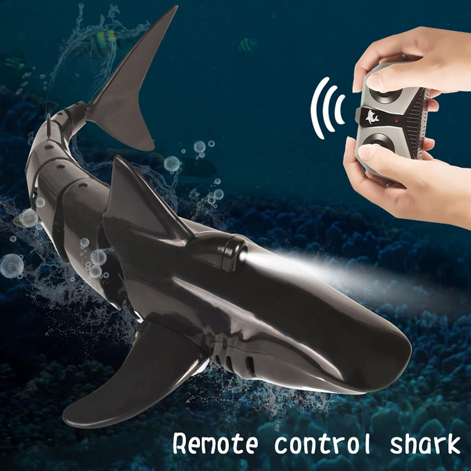 Remote Control Black Shark Head Shark with LED Light , Remote Control Shark Toy 1:18 High Shark Toy for Swimming Pool Bathroom It can Move only in Water Pack of 2