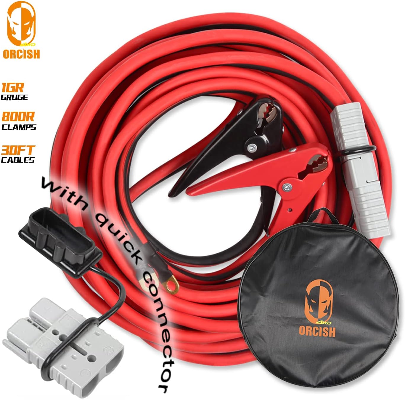 ORCISH Jumper Cables,30 Feet,1 Gauge,800A,Heavy Duty Booster Cable with Carry Bag and Quick Contact Plugs