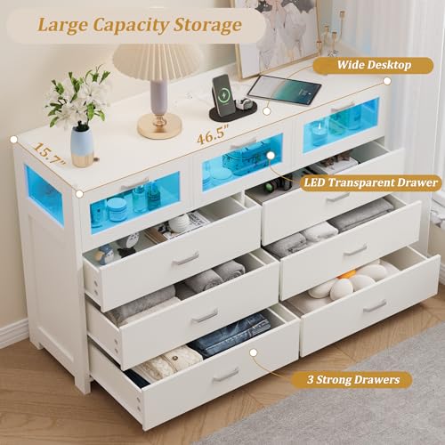 Black Dresser for Bedroom with 9 Drawers, Chests of Drawers with LED Lights and Charging Station, Modern Dresser with 3 Visual Drawers, Wood Wide LED Dresser for Bedroom, Closet, Entryway