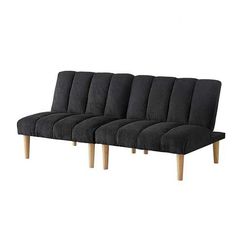 Convertible Futon Folding Sofa Bed, Modern Futon Sofa Bed with Corduroy Fabric & Wooden Legs, Loveseat Futon Couch with Adjustable Backrest for Living Room, Bedroom, Office (Blue)