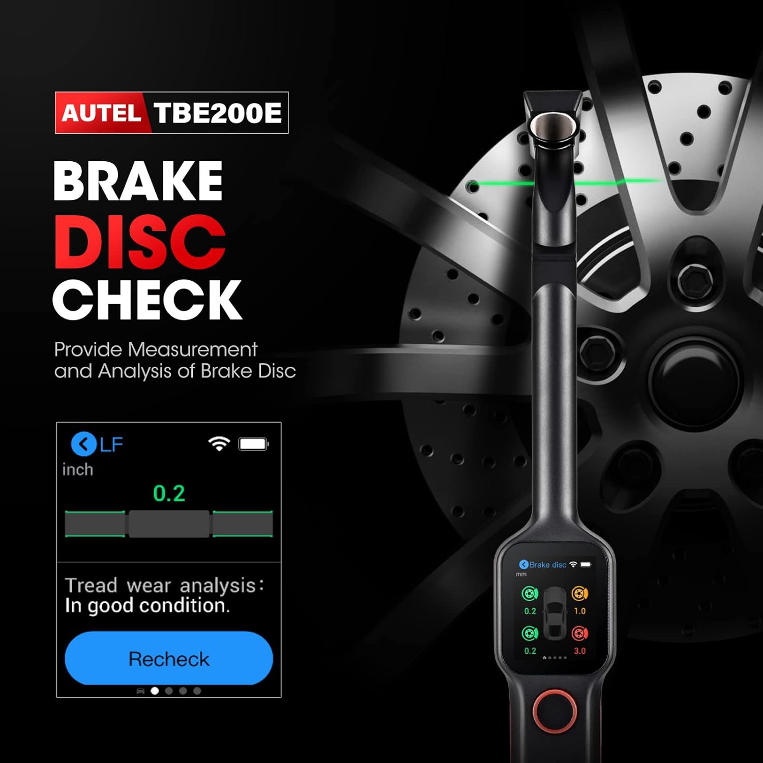 Autel TPMS Scan Tool TBE200E : Tire Tread Depth Scan Tool Brake Disc Wear Scanner with 1.65” AMOLED Touchscreen, Dual Cameras, DOT Scan, Tire Expiration Notice, Covering for 99% of Tires