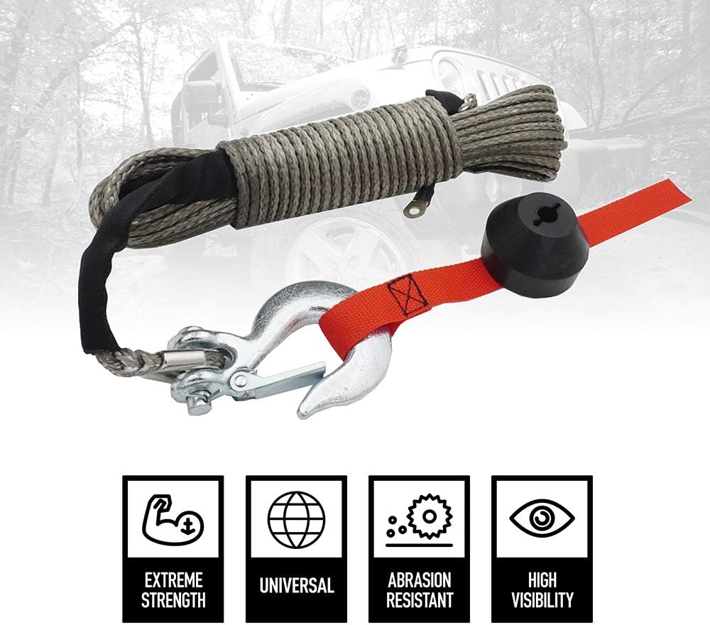 50'x3/16” Synthetic Winch Rope Kit | Replacement for Wire Cable | Jeep/ATV/Quad | Free Snap Hook & Stopper