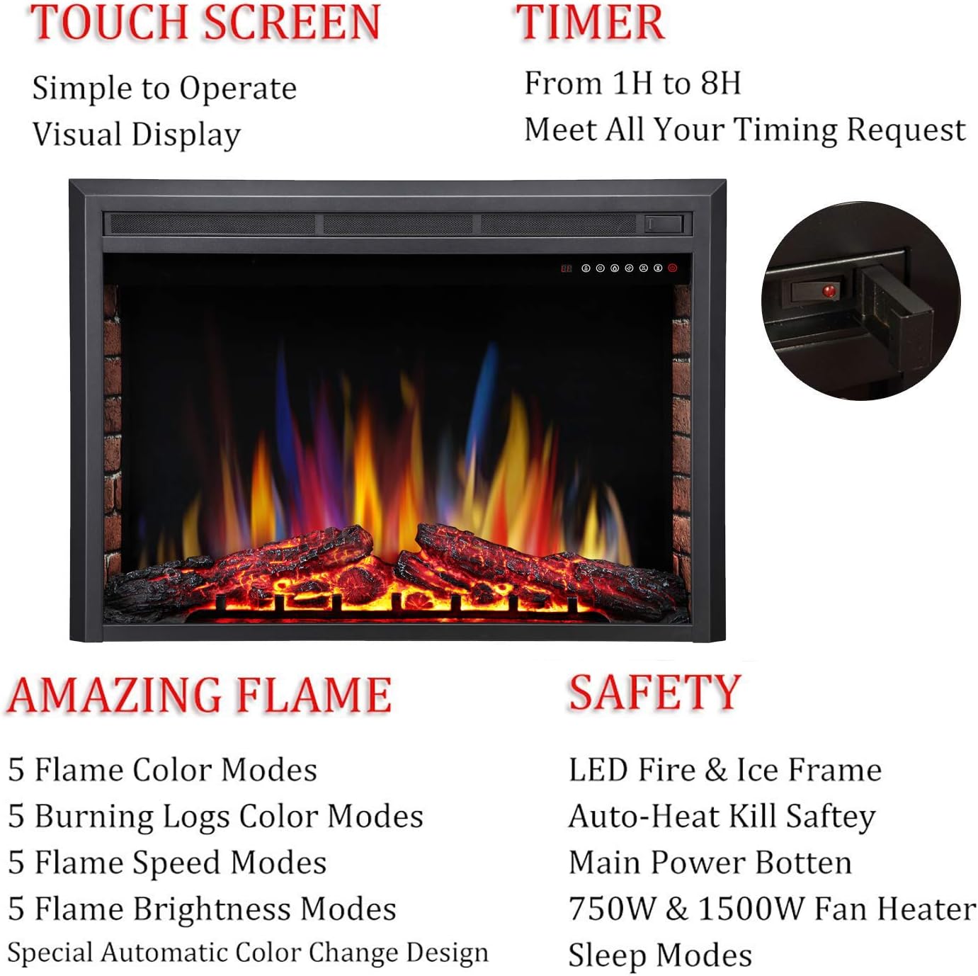 R.W.FLAME 36" Electric Fireplace Insert ,Recessed Electric Stove Heater,Touch Screen,Remote Control,750W-1500W with Timer & Colorful Flame Option