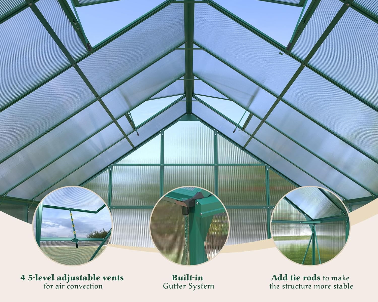 Papajet 12x10x10 ft Polycarbonate Greenhouse with 2 Sliding Doors 4 Vents Window Large Greenhouse, Green