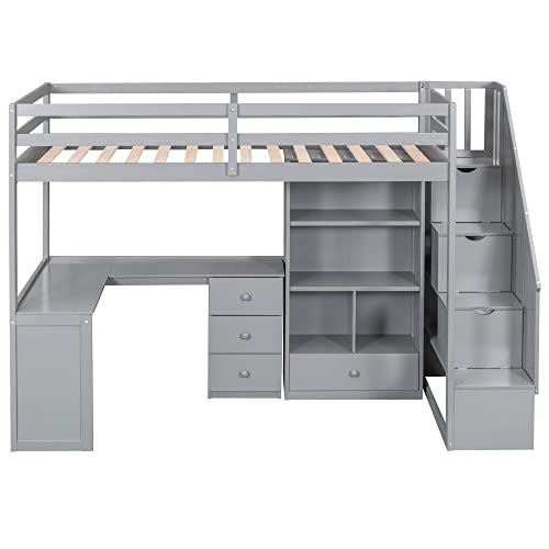 Modern Wooden Full Size Loft Bed with Desk and Shelves,Two Built-in Drawers and Storage Staircase,for Kids Boys Girls Teens Adults Bedroom (Gray@Desk, Full)