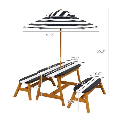 Outsunny Kids Picnic Table Set, Wooden Kids Table and Benches Set with Removable Umbrella, Kids Garden Furniture Set for 2-4 Kids Ages 3-8 Years Old, for Patio, Backyard, Outdoor Indoor Use
