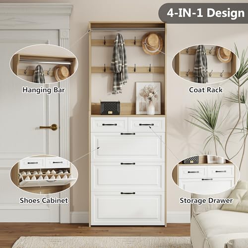 Betoko Hall Tree with Shoes Storage,Farmhouse Entryway Coat Rack Wooden Hallway Mudroom Tree Bench Corner Tree Cabinet with 5 Coat Hooks & 2 Shoes Cabinets and Open Shelf(Rustic White)