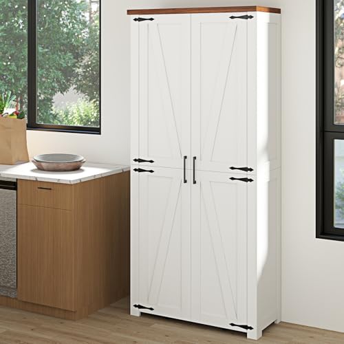 HollyHOME 72" Kitchen Pantry Cabinet, Storage Cabinet with 4 Doors and 1 Drawer, Freestanding Cupboard with Adjustable Shelves and 6 Door Shelves for Kitchen, Dining Room, Living Room, White