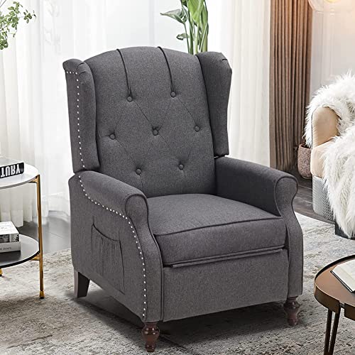Wingback Recliner Chair with Massage and Heat, Tufted Fabric Pushback Recliner Chair, Wingback Chair with Remote Control, Padded Cushion, Wooden Legs, Small Recliners for Small Spaces