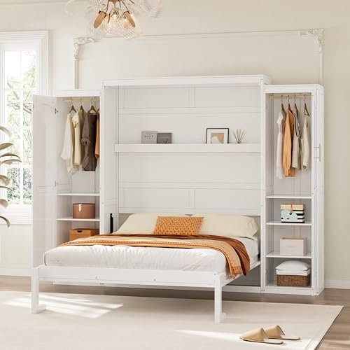 KLMM Wooden Murphy Bed Wall Bed with 2 Wardrobe and Storage Shelf,Foldable Platform Bedframe for Guest-Room Bedroom Study Office Use (White#E, Full)