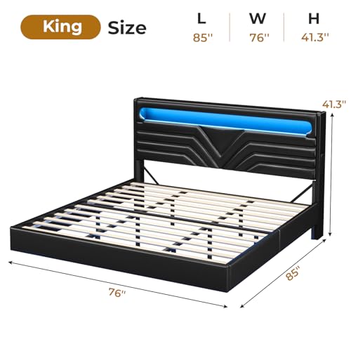 Queen Floating Bed Frame with RGB LED Lights Headboard, USB-C/A Power Combo, Linen Upholstered Platform Bed with Storage Headboard, Innovative Stable Structure, Dark Gray