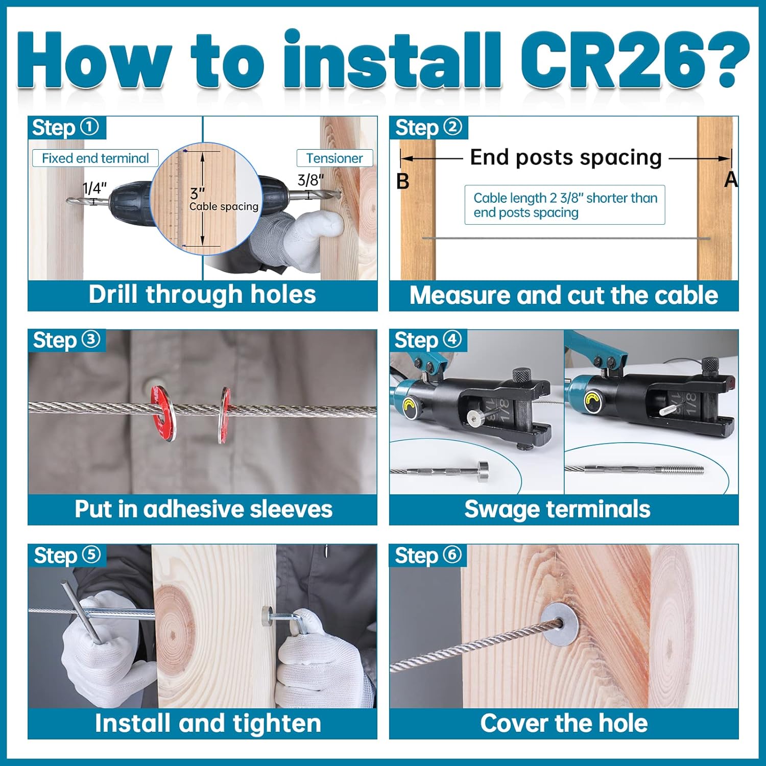 Muzata 20Pair Invisible Cable Railing kit 1/8" Swage Tensioner and Terminal Hidden T316 Stainless Steel for 2"x2" and 4"x4" Wood Metal Post Deck Stairs WoodHidden System CR26, CV1 CV2