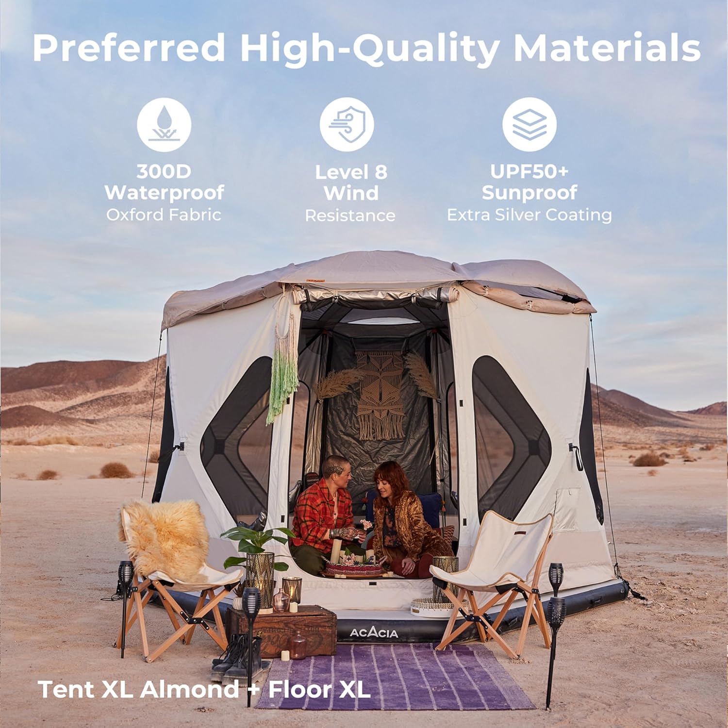 ACACIA Space Camping Tent XL, 4-6 Person Large Family Tent with 6'10'' Height, 2 Doors, 8 Windows, Waterproof Pop Up Easy Setup Hub Tent with Rainfly, Footprint for Car Camping, Glamping, Celestite