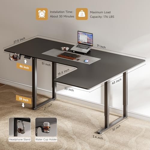 Standing Desk, 71x43 Inches L Shaped Desk with 4 Legs, Dual Motor and Memory Controller, Electric Stand Up Desk Adjustable Height from 28-46 Inches for Computer Workstation