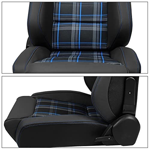 IKON MOTORSPORTS, Universal Racing Seats Pair with Dual Sliders, PU & Red Plaid Fabric & Carbon Leather Reclinable Left Right
