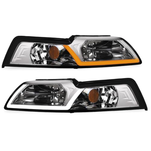 7422440591543 Compatible With 1999-2004 Ford Mustang Switchback Sequential LED Strip Bar Chrome Housing Headlights With Amber Reflector