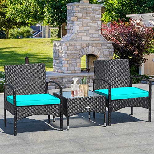 COSTWAY 3 PCS Patio Wicker Conversation Set, PE Rattan Sofa with Tempered Glass Coffee Table, 2 Chairs, 2 Cushions, Outdoor Patio Furniture Set for Yard Porch Bistro Balcony Backyard Pool, Red