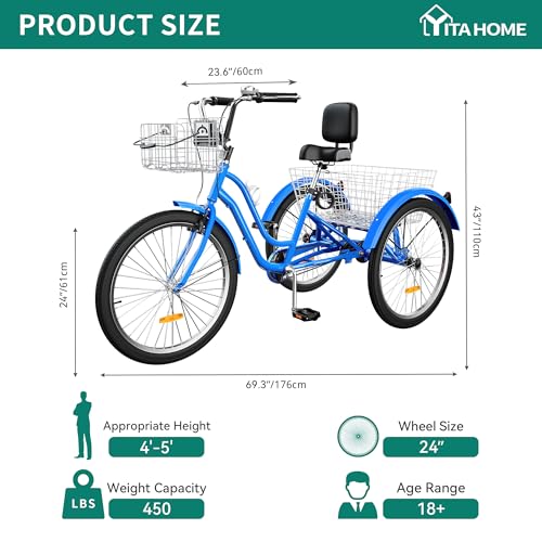 YITAHOME Adult Tricycle, 24 & 26 Inch 3-Wheel Bikes, 1 & 7 Speed Trike for Adults, Low Step-Through Cruiser Bike with Front and Rear Baskets, Large Seat with Backrest for Seniors, Women, Men