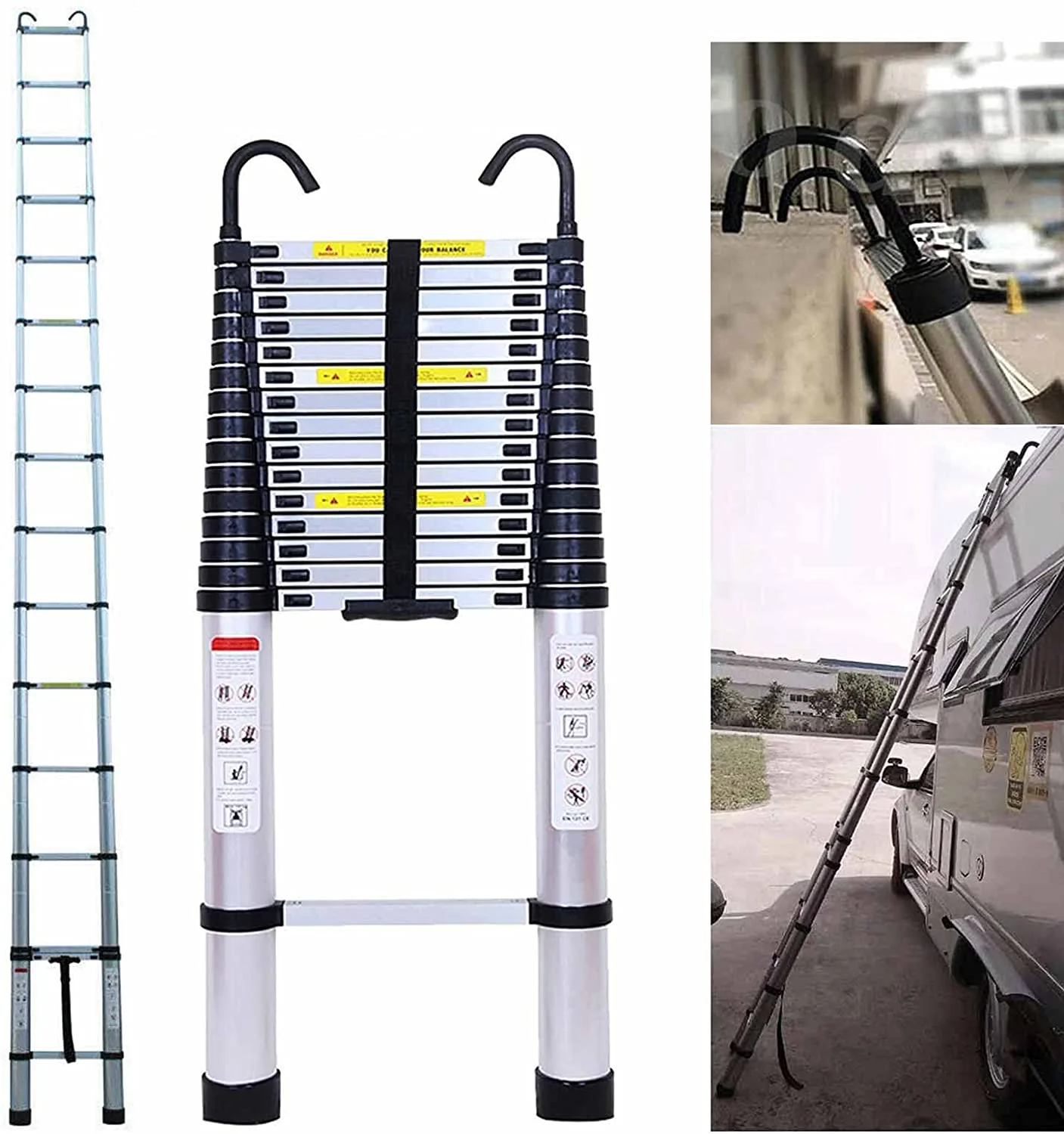 Extension Ladder 20.3ft Telescoping Ladder 2 Detachable Ladder Hooks Extendable Ladders for Home, Folding Loft Ladder Collapsible Ladder Lightweight 330lbs Max Capacity, for RV, Roofing, Household