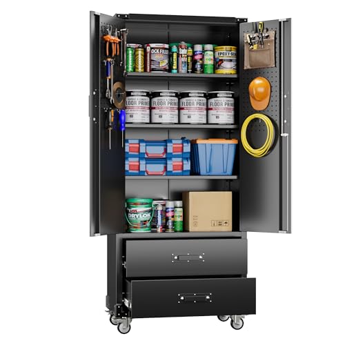 Aobabo 73''H Metal Garage Storage Cabinet with Wheels and Pegboards, 4 Adjustable Shelves Steel Storage Cabinets for Home,Warehouse,Garage,Assembly Required,White