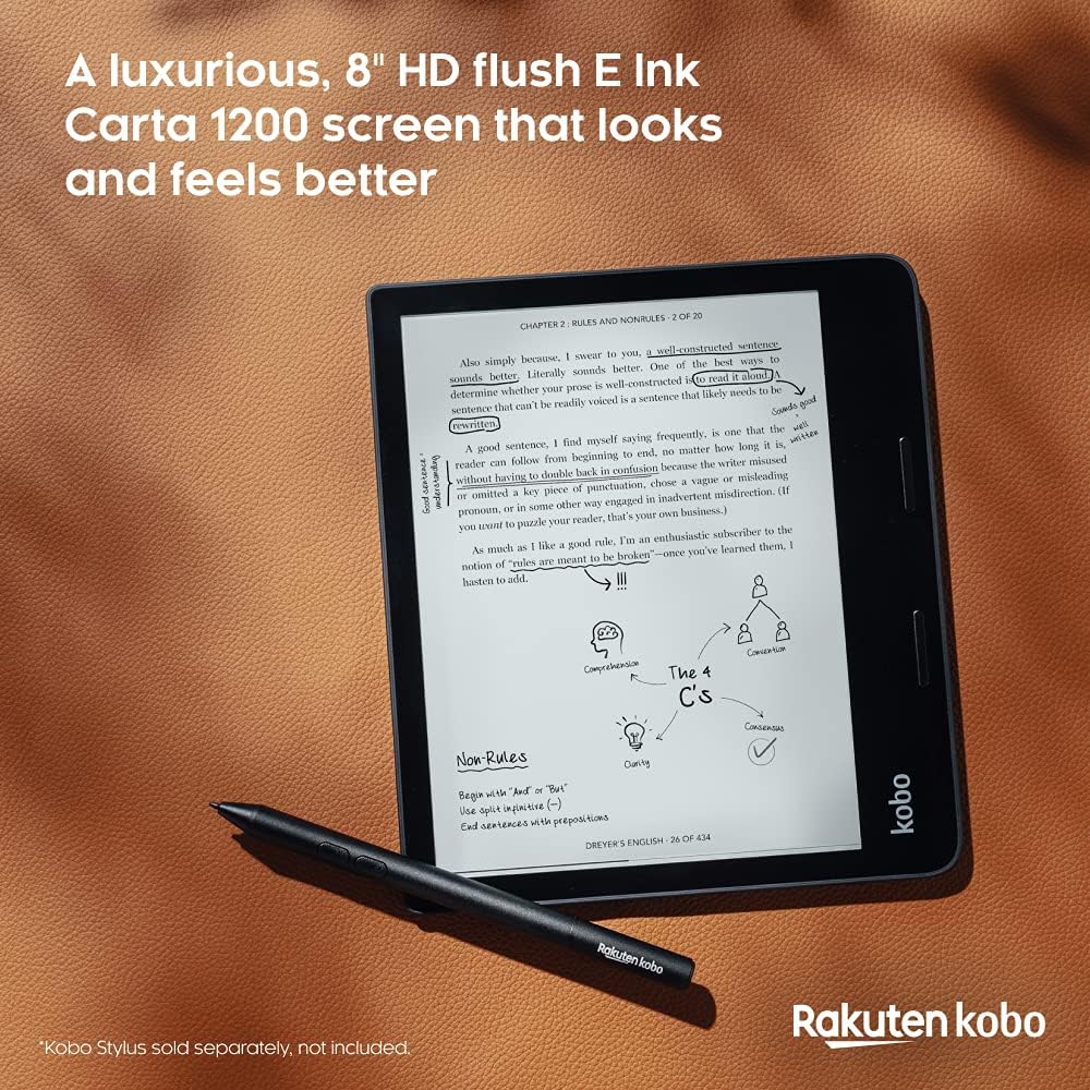 Kobo Sage | eReader | 8�?HD Glare Free Touchscreen | Waterproof | Adjustable Brightness and Color Temperature | Blue Light Reduction | Bluetooth | WiFi | 32GB of Storage | Carta E Ink Technology